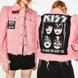 Zara Pink KISS Graphic Jean Jacket XS